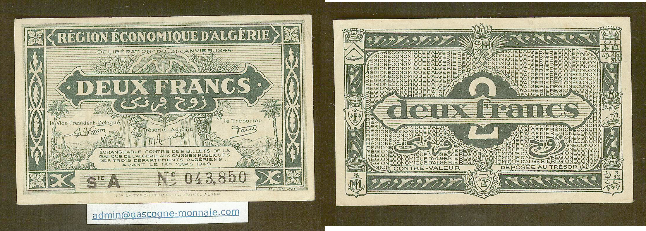 Alérie 2 francs  31-01-1944 P.102 TTB+